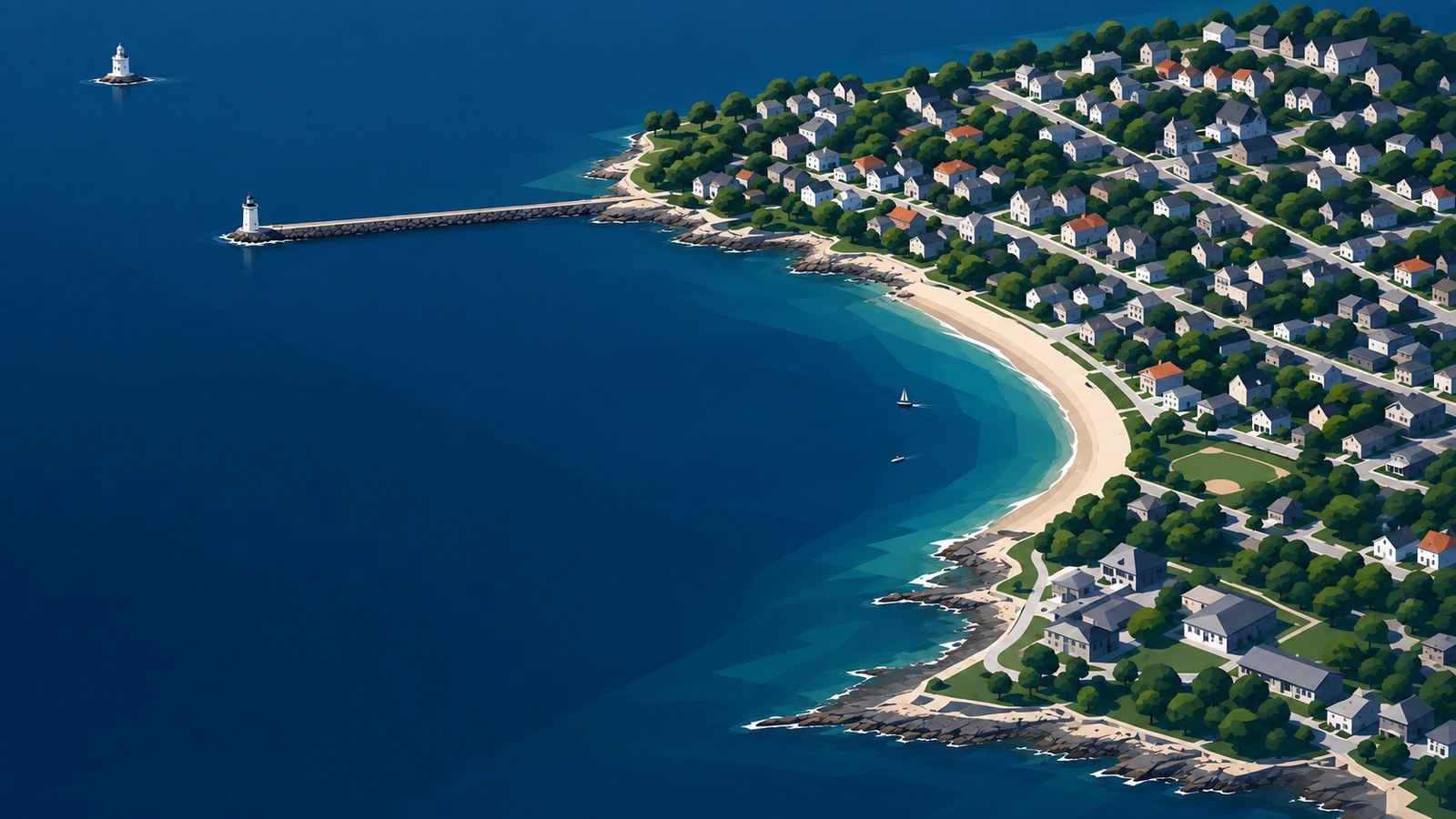 Aerial view of a South Portland shoreline neighbourhood with Spring Point Ledge Light on the breakwater