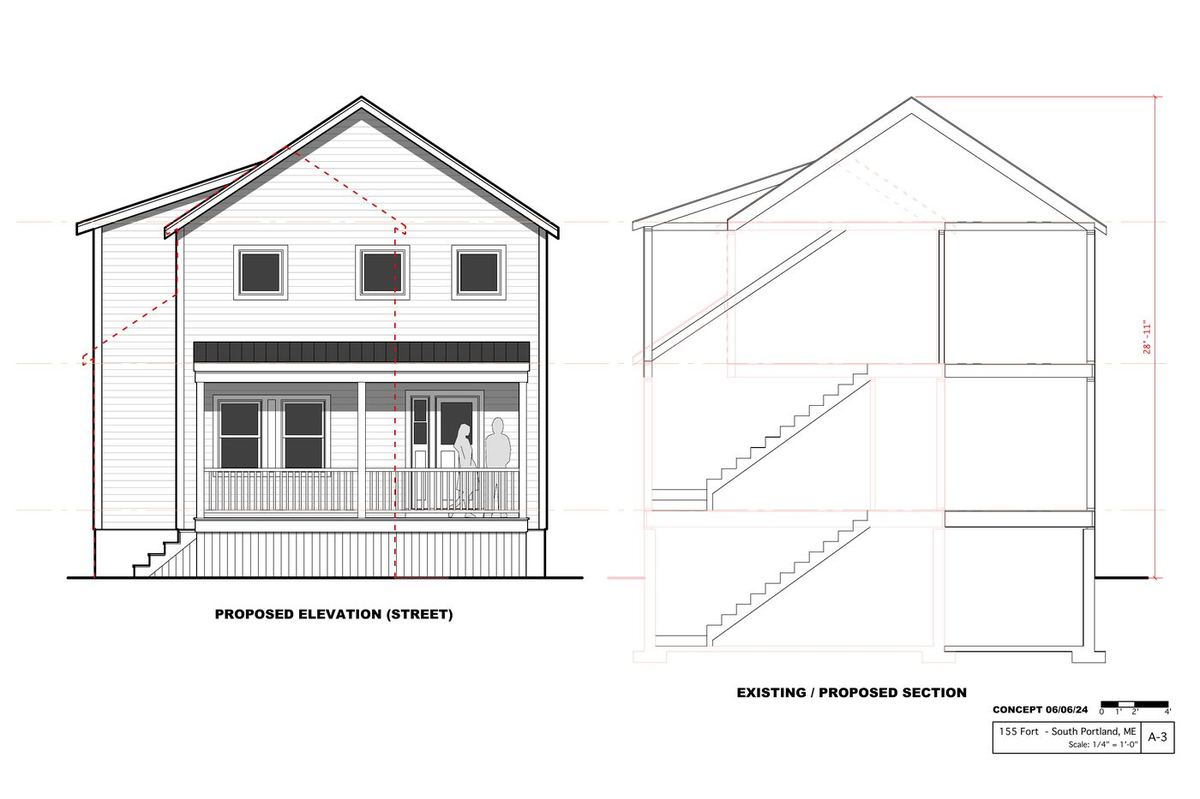 Proposed street elevation and building section