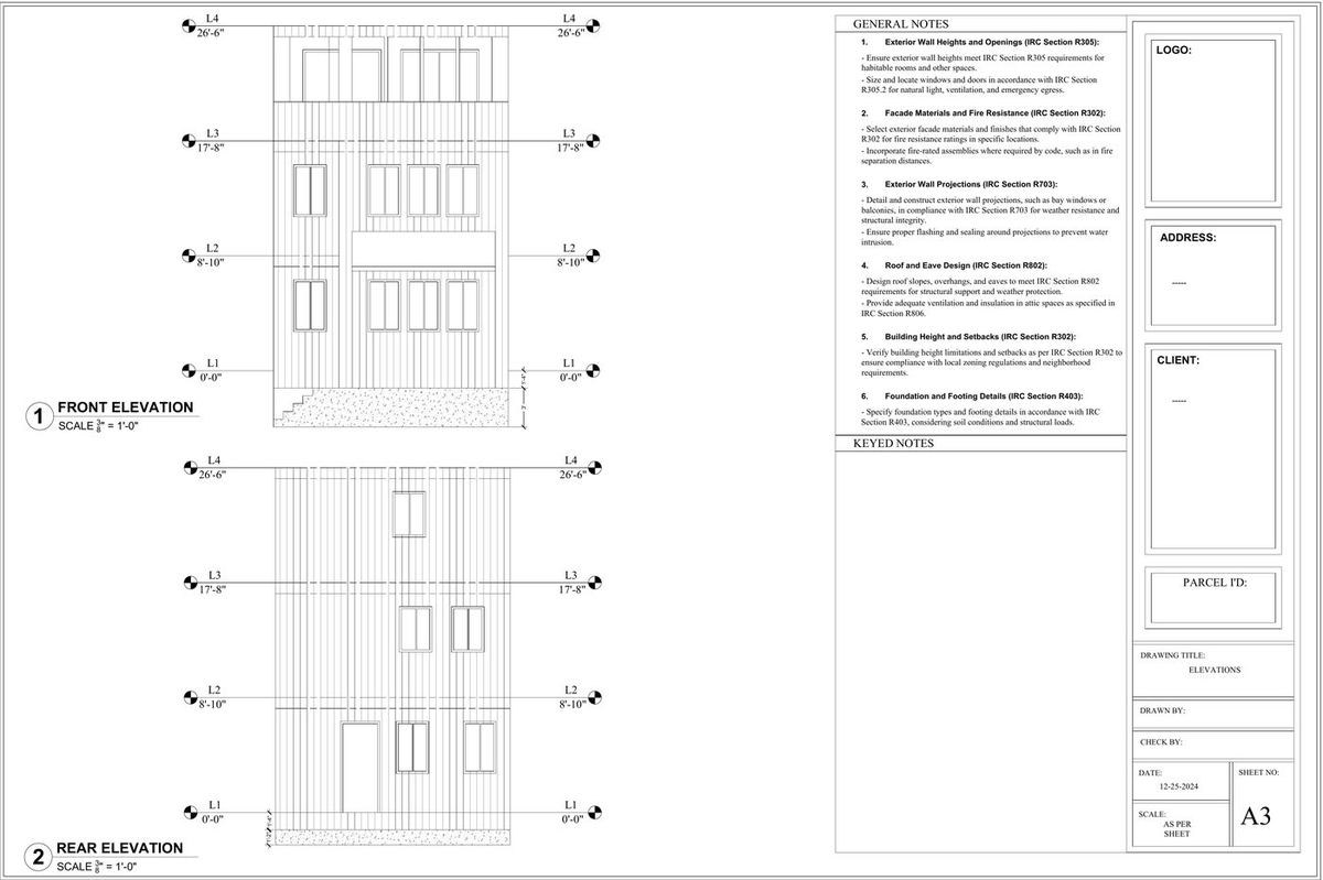 Front and rear elevations showing the added third story