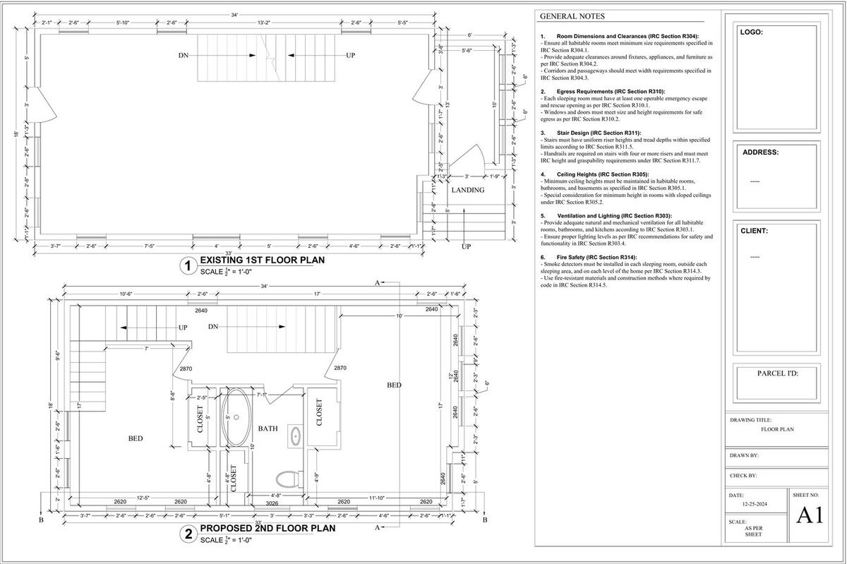 Permit set floor plans showing existing and proposed conditions